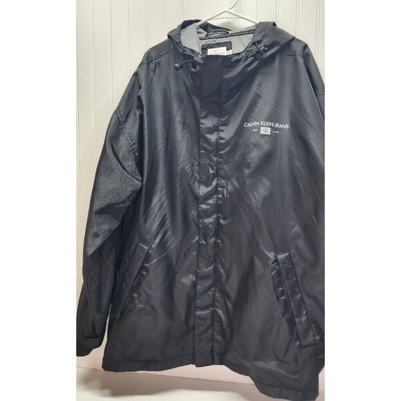 Calvin Klein Jeans Black Hooded Jacket XXL Lightweight Nylon Coat With Logo Prin - Picture 3 of 16